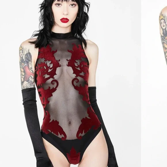 Velvet enchantress bodysuit red burn out rave festival one piece onesie lingerie - Picture 1 of 8